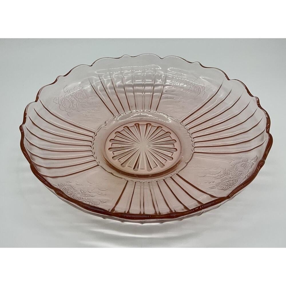 Vintage Pink Depression Glass Serving Bowl Floral Scalloped Unmarked Decor